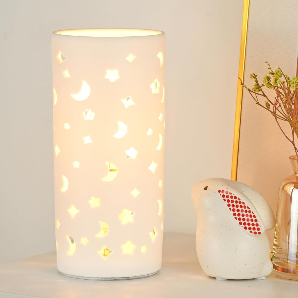 Dana White Modern Ceramic Moon Carving Table Lamp,Kids Night Ceramic Table Lamp,Φ3.54×H7.87IN,Bulb Excluded