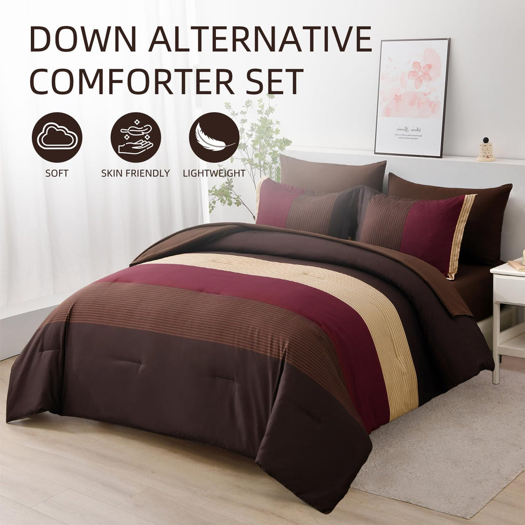 Red and Brown Comforter Set, Boho Burgundy Striped Bedding Comforter Set 7 Piece Bed in a Bag, Soft