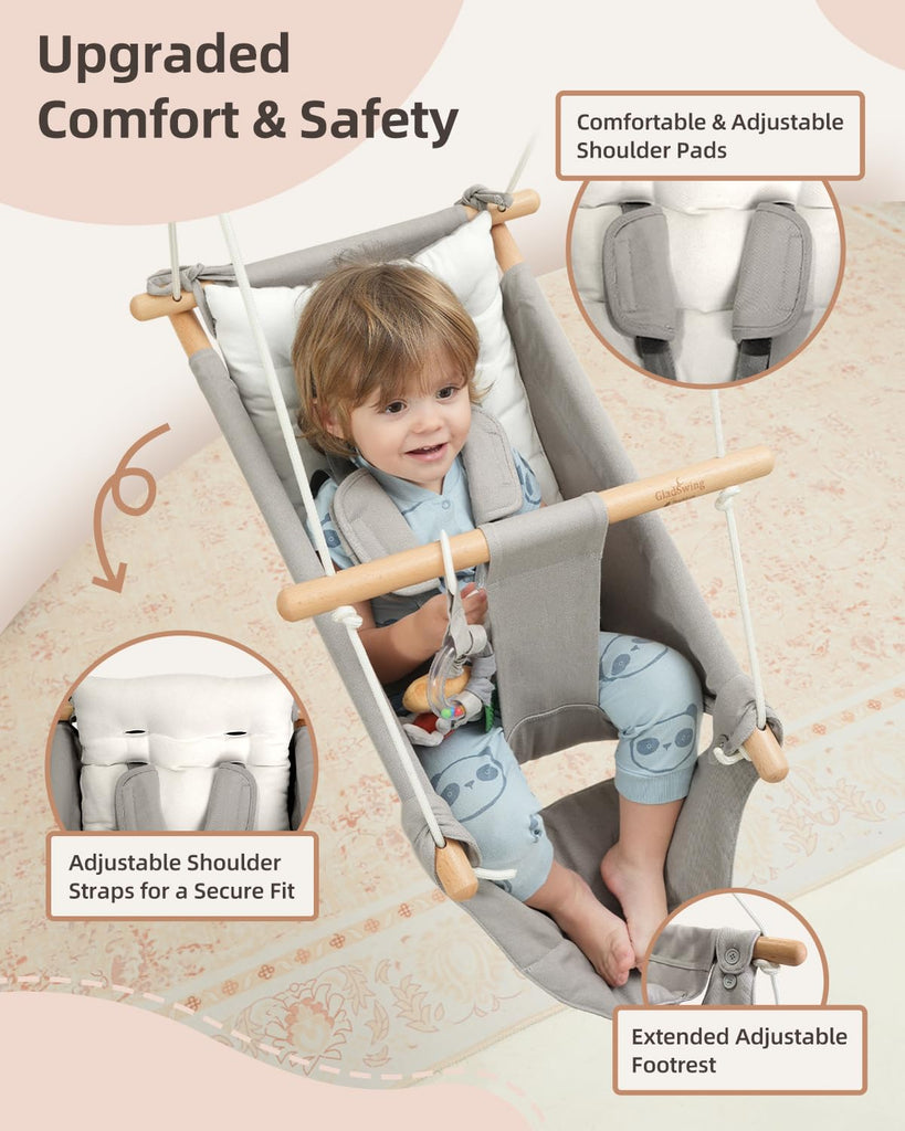 Baby Swing Indoor Outdoor, Canvas Baby Swing for Infant to Toddler with Comfort Footrest, Montessori Toys, Upgraded