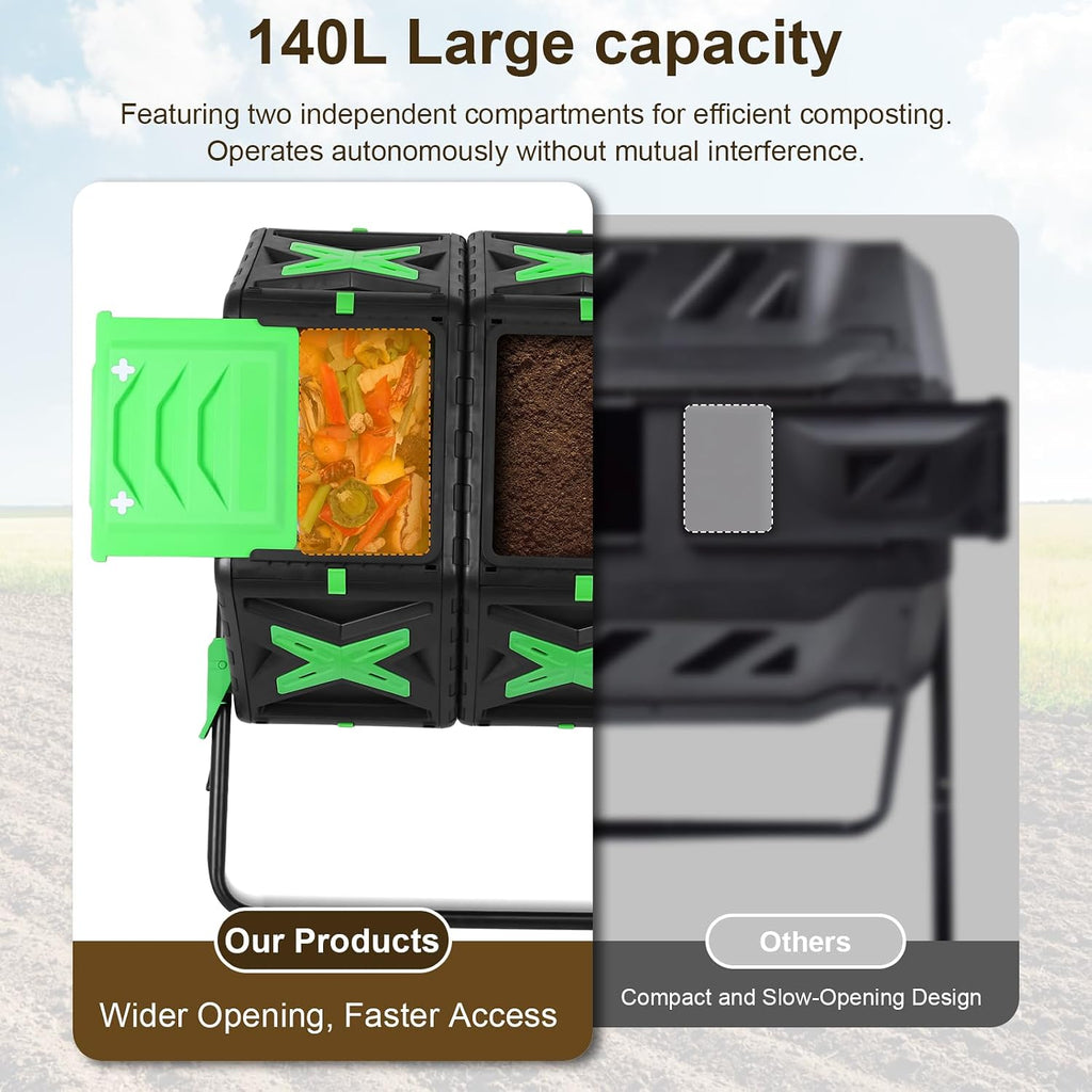 140L Dual Chamber Heavy Duty Tumbling Composter w Sliding Door 360° | 140L dual chamber outdoor tumbler with sliding