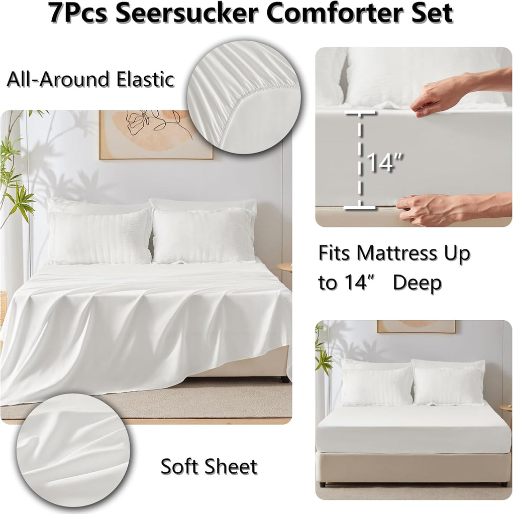 Queen Comforter Set White Seersucker 7 Pieces Bed in a Bag Queen Comforter Set with Sheets