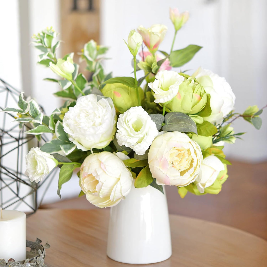Cream Beige & Moss Green Artificial Peony Bouquet - Set of 2