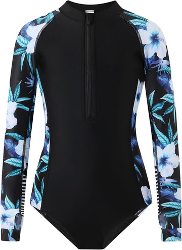 Girls Long Sleeve Rashguard Swimsuit UV Protection One-Piece Swimwear Bathing Suit