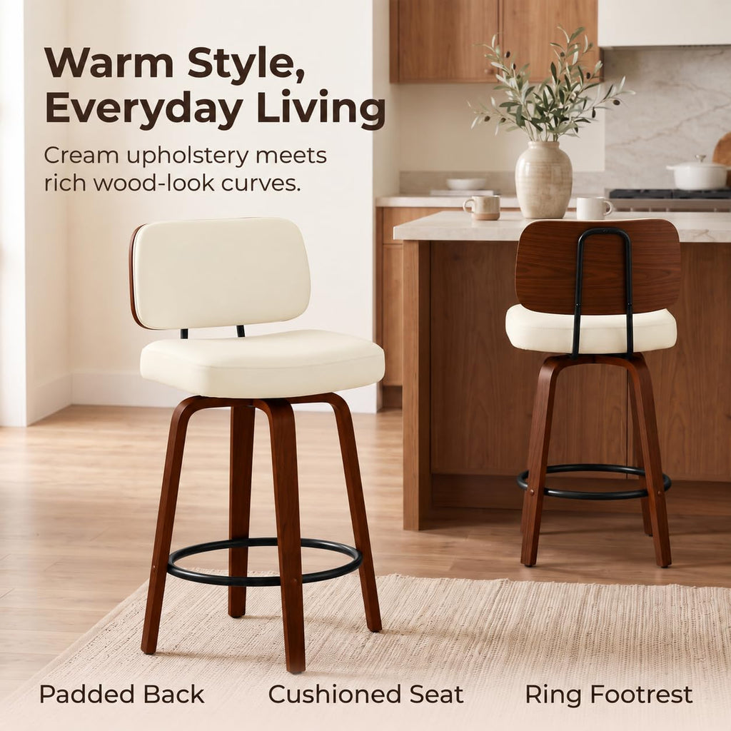 Counter Height Bar Stools Set of 3, 26+inch Swivel Faux Leather Barstool with Back, Upholstered Mid-Century Modern