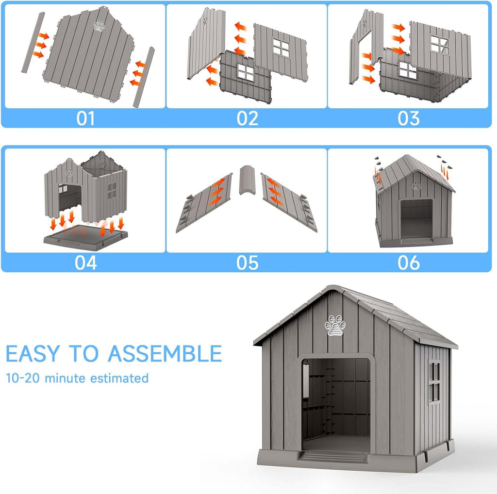 Dog House Outdoor Indoor, Dog House Weatherproof Resin Shelter with Air Vents and Elevated Floor for Small Medium