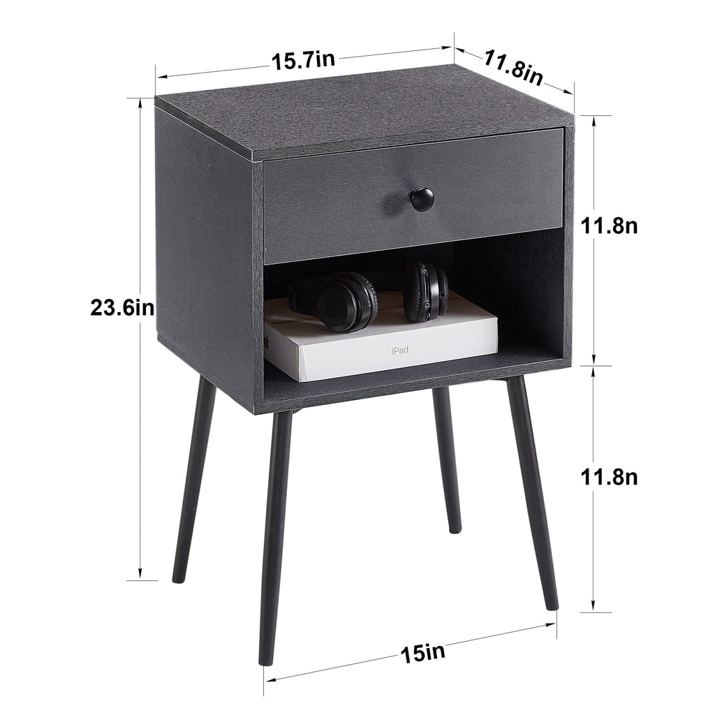 Nightstands Set of 2, Mid Century Modern End Bedside Table, Night Stand with Storage Drawer and 2 Tiers Open Shelf