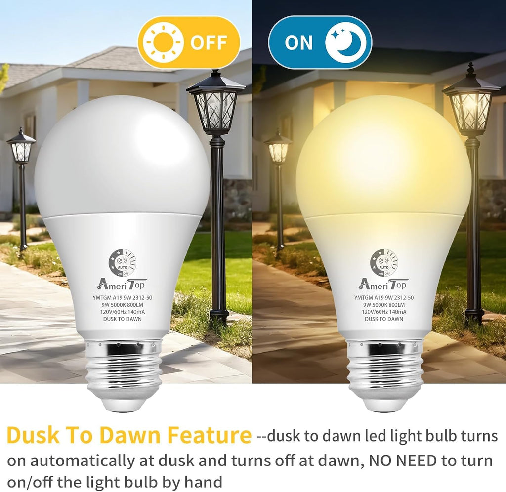 Dusk to Dawn Light Bulbs 5 Pack, A19 LED Sensor Bulbs, 3000K Warm White