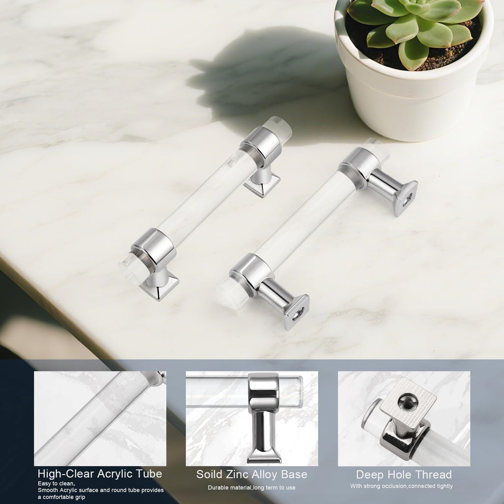 5 Pack Cabinet Handle Kitchen Drawer Pulls - Acrylic Cabinet Pull Handles Polished Chrome Drawer Handles Cabinet