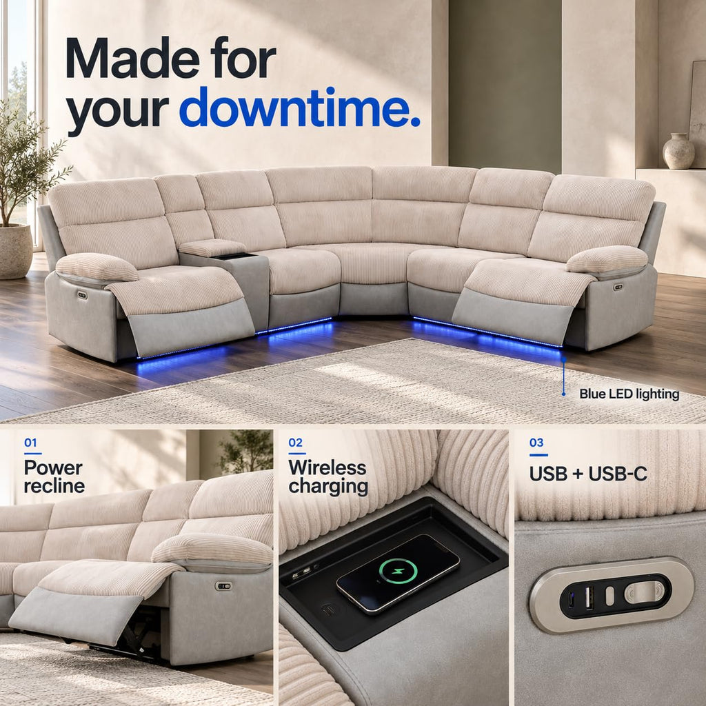 Power Reclining Sectional Sofa, L-Shaped Air Leather Couch with LED Lights, Wireless Charging, Drop-Down Table, Cup