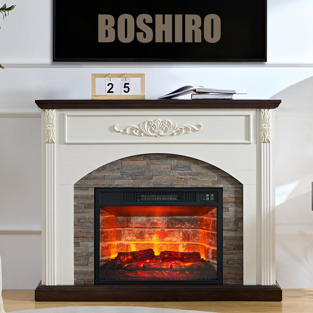 44Inch Electric Fireplace with Mantel, White Fireplace Heater with LED Flame, Corner Firebox with 23" Red Brick Firep
