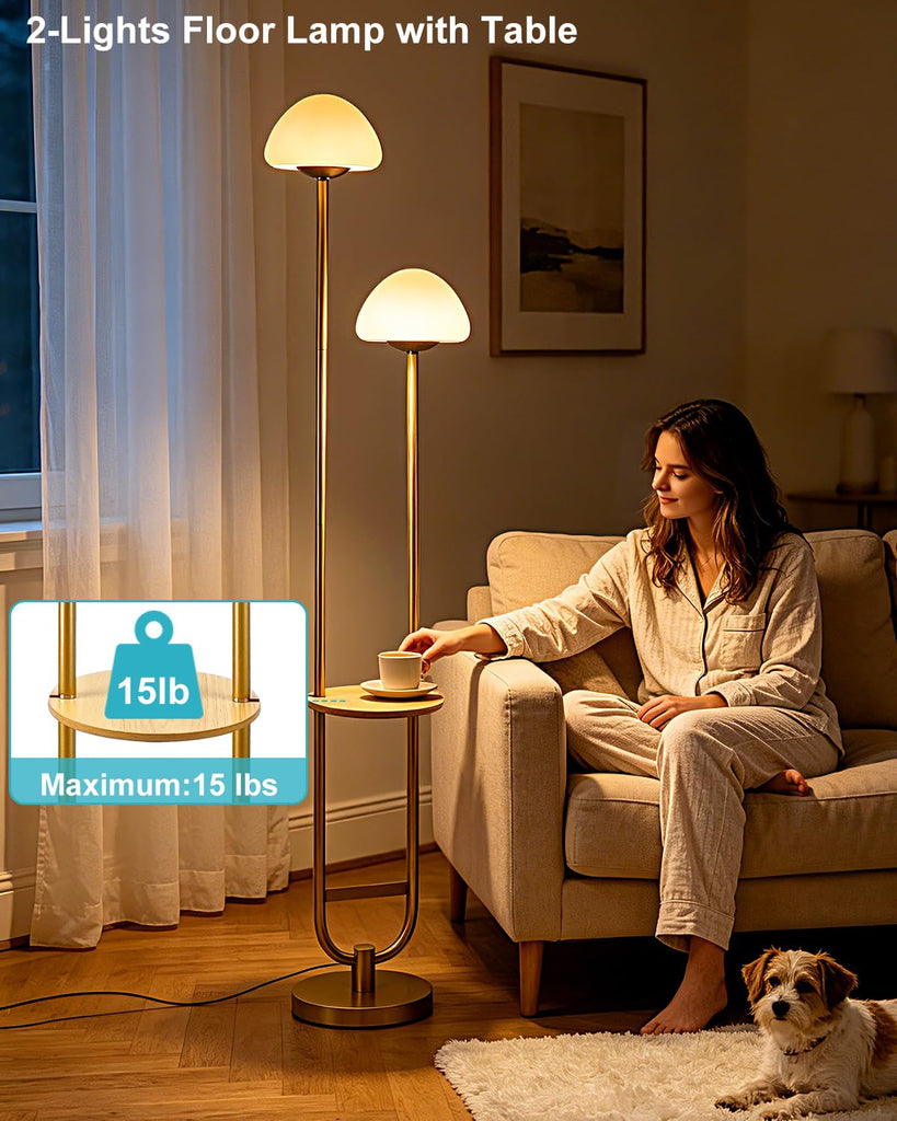 Mushroom Floor Lamp with Shelf 2-Lights Modern Dimmable Floor Lamps