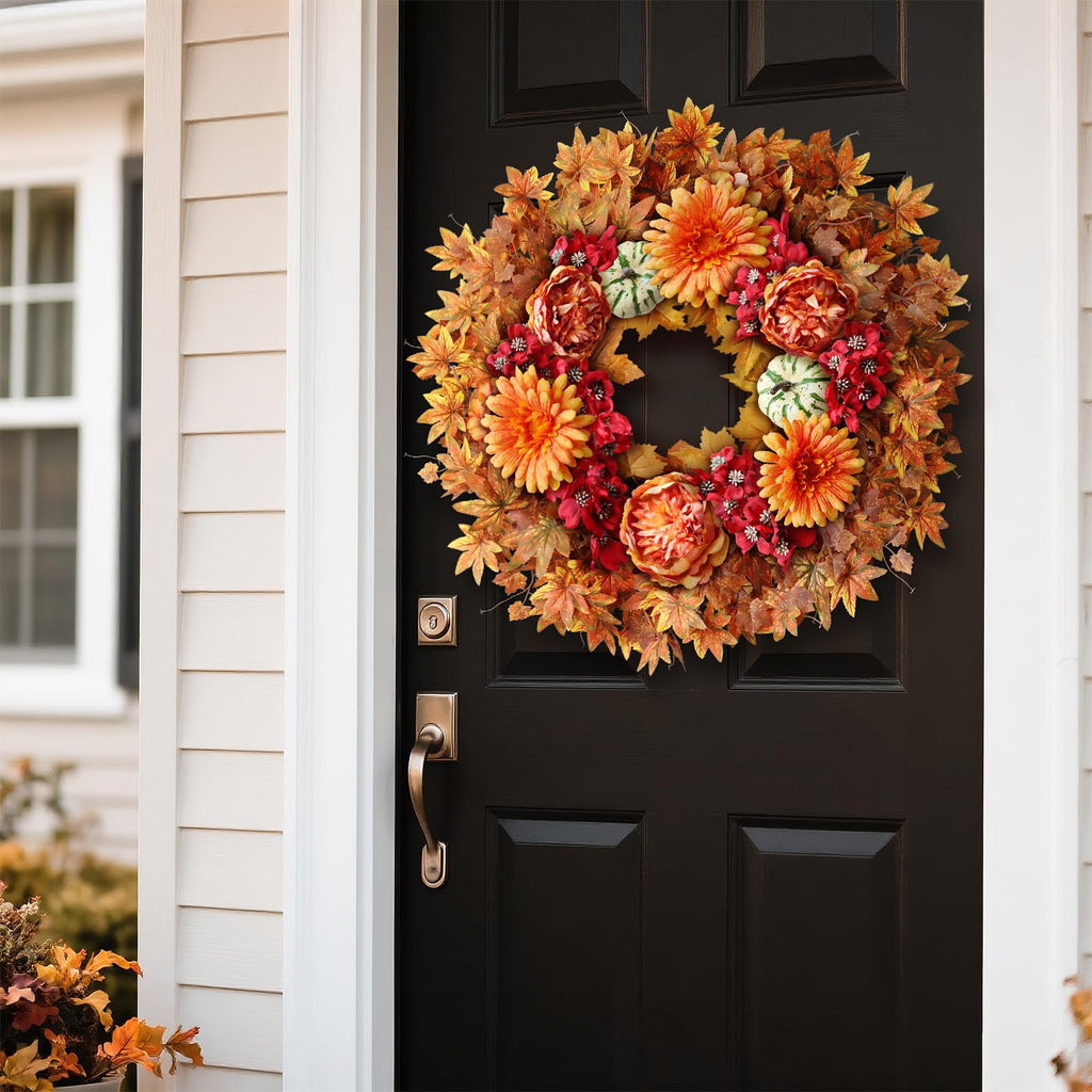 26" Artificial Fall Wreath, Silk Flowers Maple Leaf for Front Door (Orange)