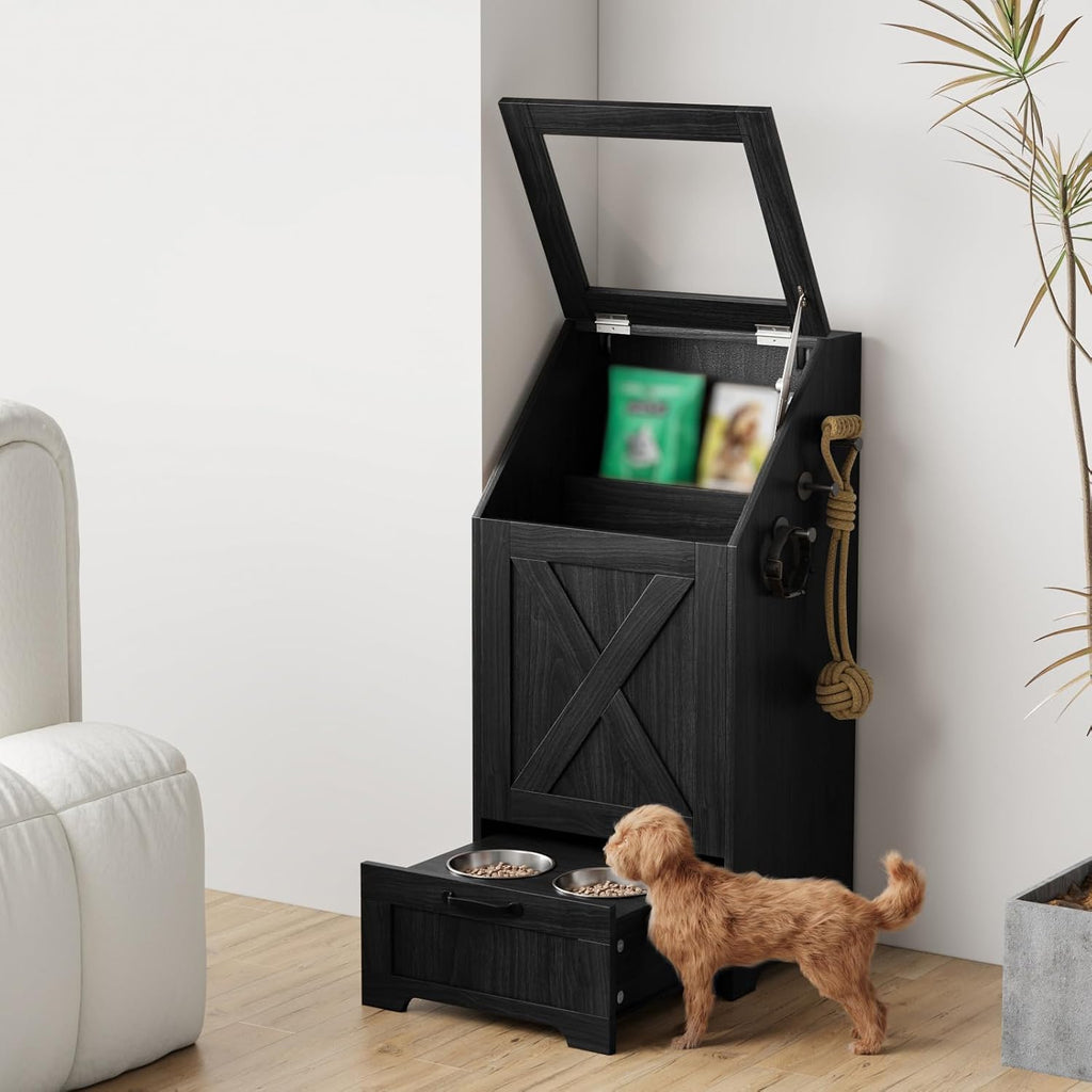 Dog Feeding Station with Storage Cabinet & 2 Elevated Bowls, Black
