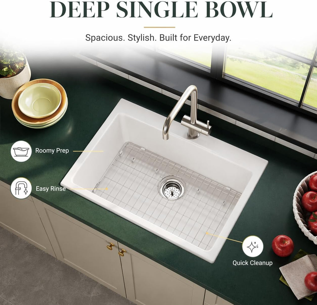 30 Inch Ceramic Farmhouse Sink, White Apron Front Farm Sink 30"x22"x10", Deep Single Bowl Kitchen Sink with Stainless
