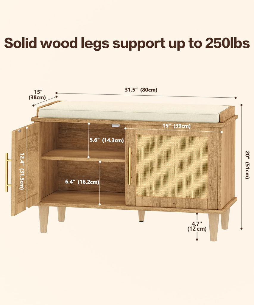 31.5" Rattan Shoe Storage Bench 2 Doors Wooden Entryway Bench Oak