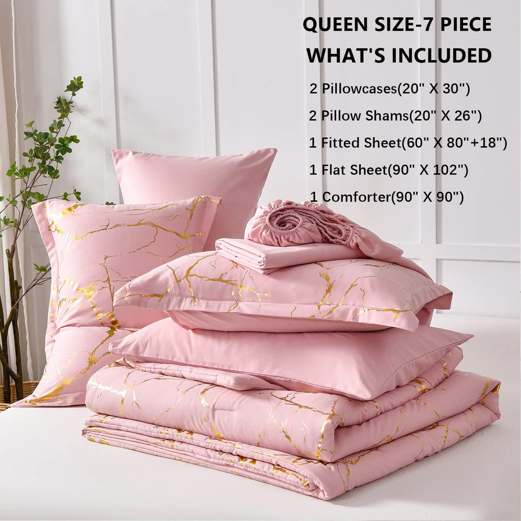 Gold Metallic Marble Comforter Set Queen Size, 7 Piece Bed in a Bag, Foil Print Glitter Pink Comforter and Sheet