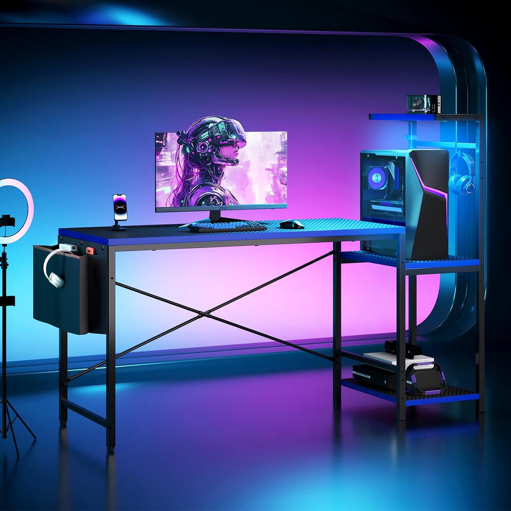 60'' Gaming Desk with LED Lights, Side Storage Bag, Black&Blue | Reversible Shelves, LED Lights, 4-Tier Storage