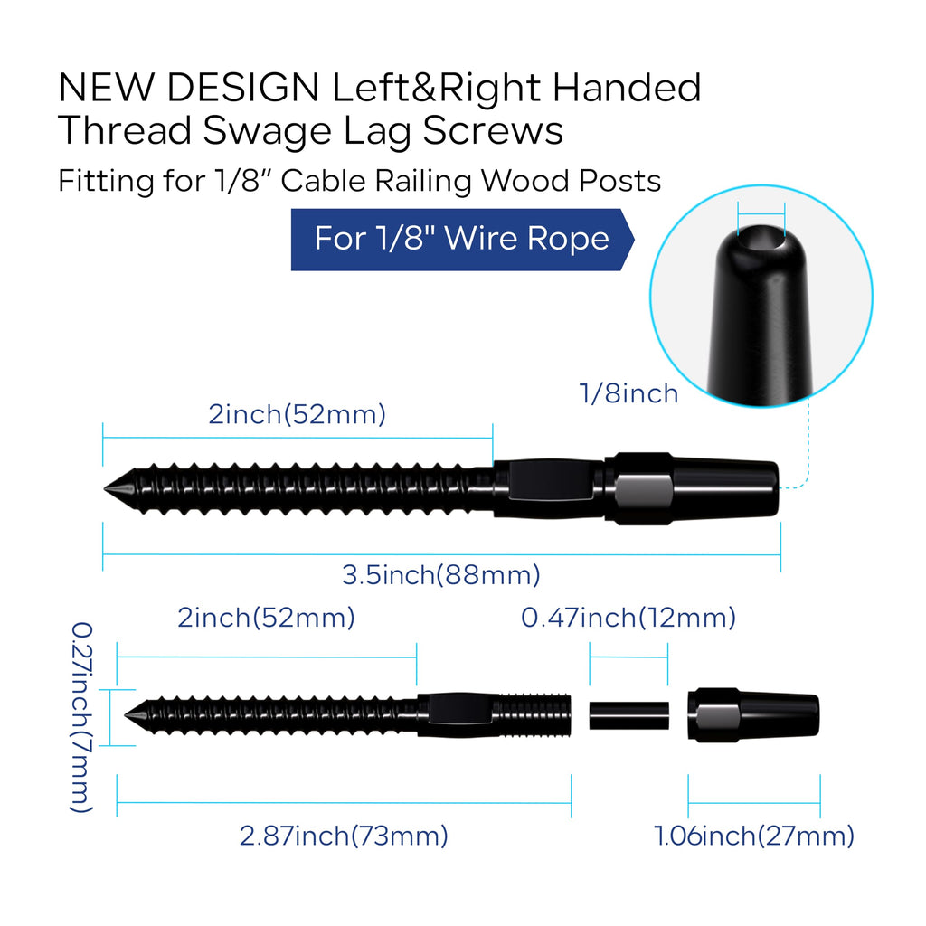 20 Pair Black Cable Railing Kit, Invisible Crimp Fitting Hardware, Right & Left Handed Thread Swage Lag Screws for