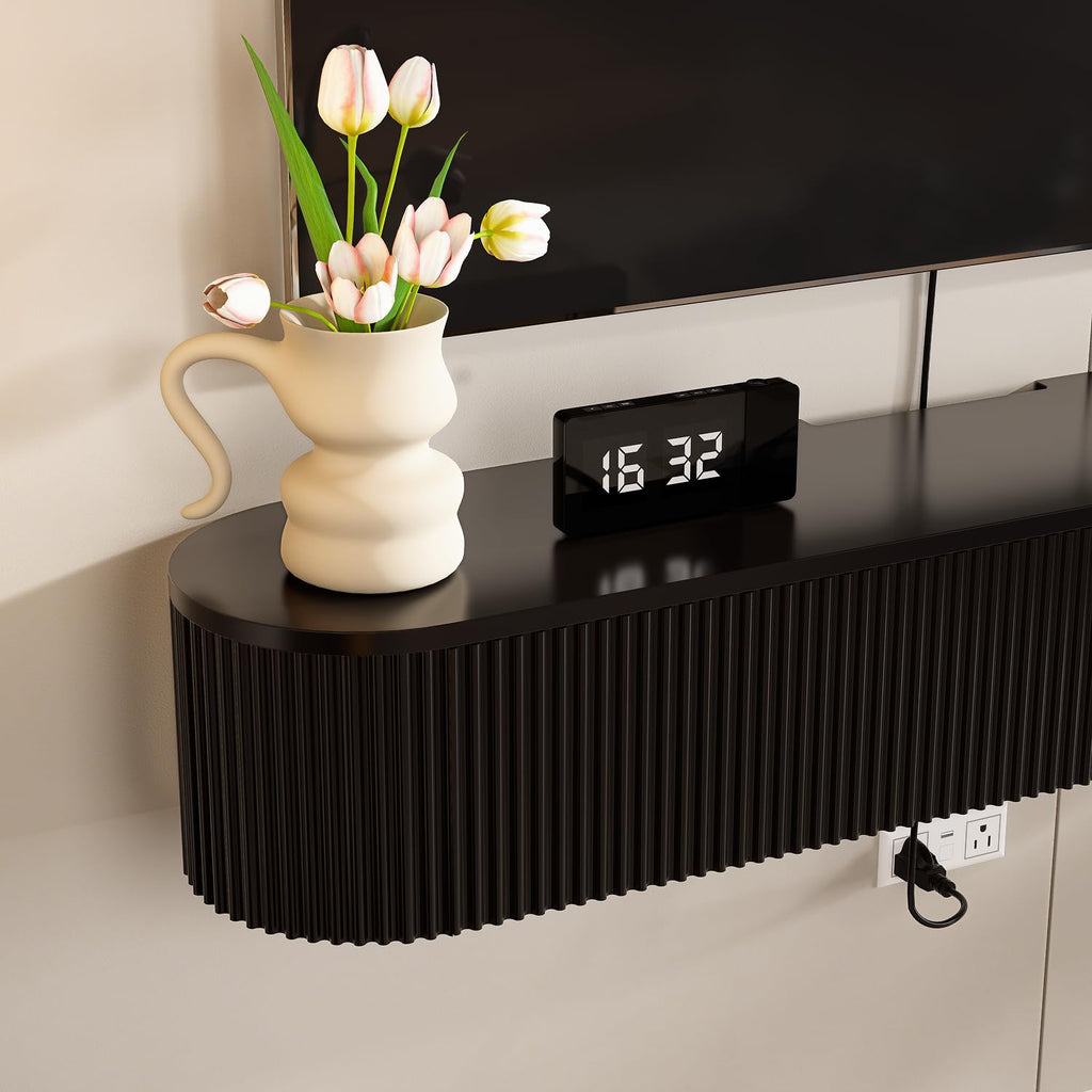 Fully Assembled 47 Inch Floating TV Stand with 2 Flip-Down Doors, Matte Black Wall Mounted Media Console, Modern