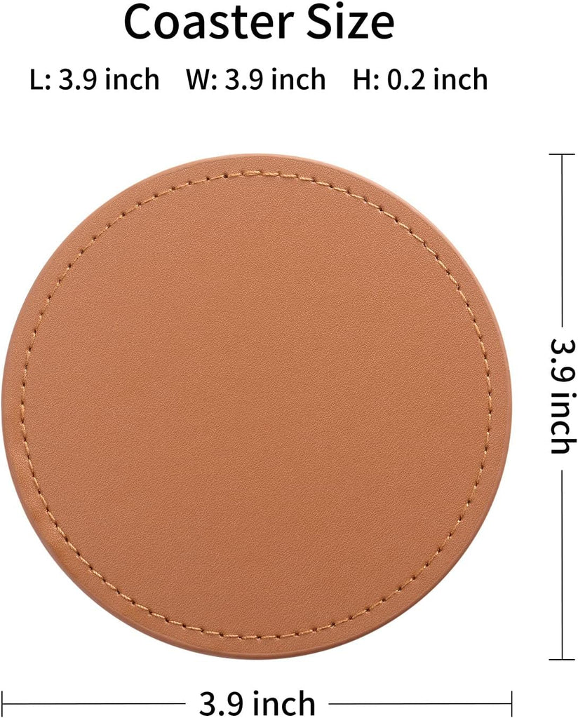 Drink Coasters with Metal Holder Stand, PU Leather Absorbent Coasters with Cork Base Table Coaster Set - Set of 6