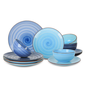 Ceramic Dinnerware Sets, 12 Pieces Plates and Bowls Sets, Scratch Resistant Dishes Set for 4, Handpainted Swirl