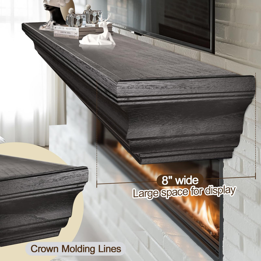 Rustic Fireplace Mantel 60", Solid Wood Floating Shelf, Black