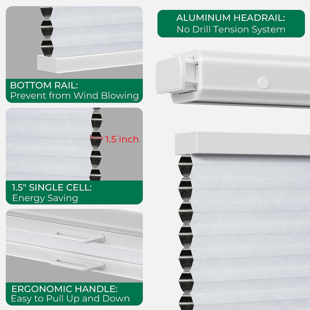 No Drill Top Down Bottom Up Cellular Shades,White, | TDBU Blackout Blinds for Indoor Windows,Cordless Honeycomb