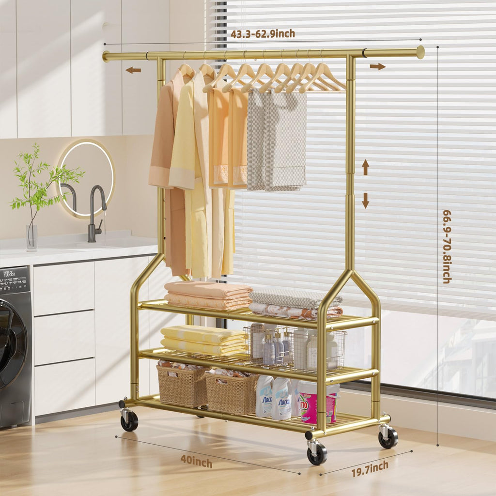 Heavy Duty Clothes Rack Load 688 LBS, Rolling Clothing Rack With 3 Shelves, Adjustable Metal Clothes Hanger with