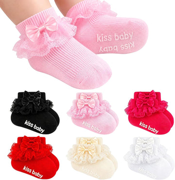 Baby Girl Ruffle Socks with Grips, Cotton Bowknot Lace Dress Socks