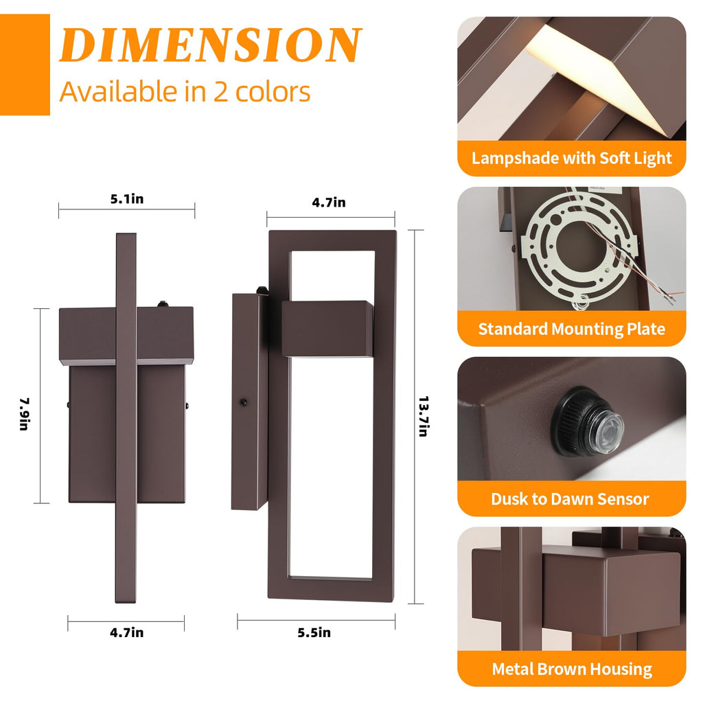 13.7'' 2-Pack Dusk to Dawn Outdoor Porch Light, Modern LED Wall Light, Brown