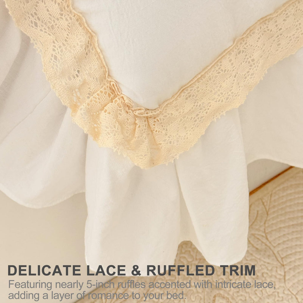 Ruffle Comforter Set 3 Piece - White Boho Farmhouse Bedding with Lace Trim & Pintuck Details (80"x90")