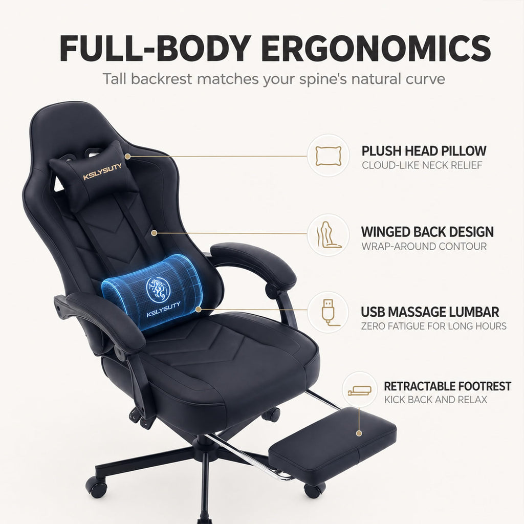 Office Desk Computer Gaming Chair for Adults, Ergonomic High Back Gamer Chair with Massage and Pocket Spring Cushion