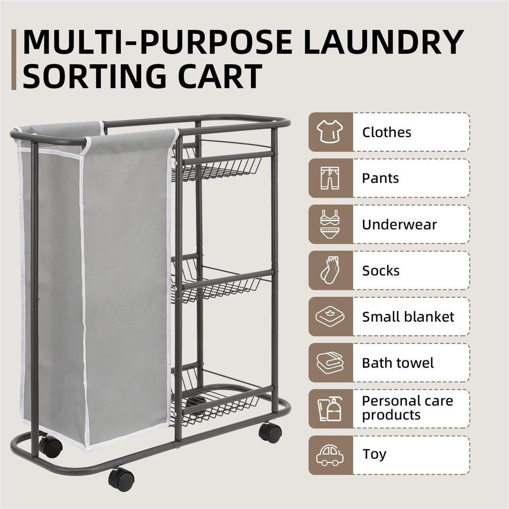 Skinny 3-Tier Rolling Laundry Cart with Wheels 45L Small Space, Grey