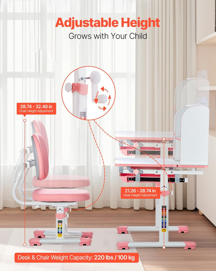 Kids Study Chair and Desk Set, Study Desk and Chair for Kids with Bookshelf & Storage Drawer, Adjustable Height &