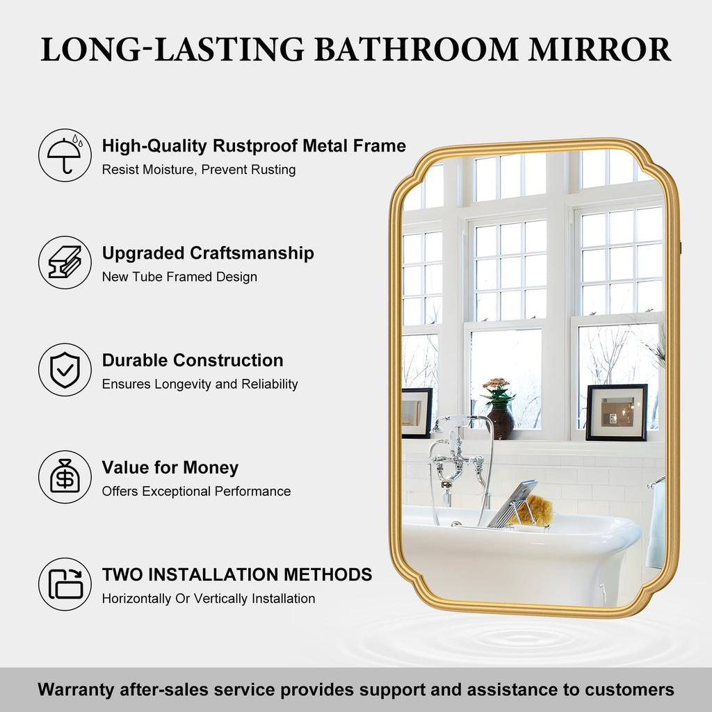 Gold Bathroom Mirror for Wall 20" x 30" Modern Rounded Corner Rectangle Mirror with Non-Rusting Iron Metal Framed