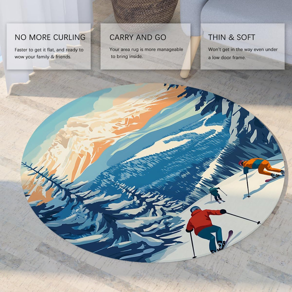 Winter Sports Theme 4ft Area Rug Snowy Mountains Skiing Pattern Circular Rugs Non Slip Washable Carpet Bedside