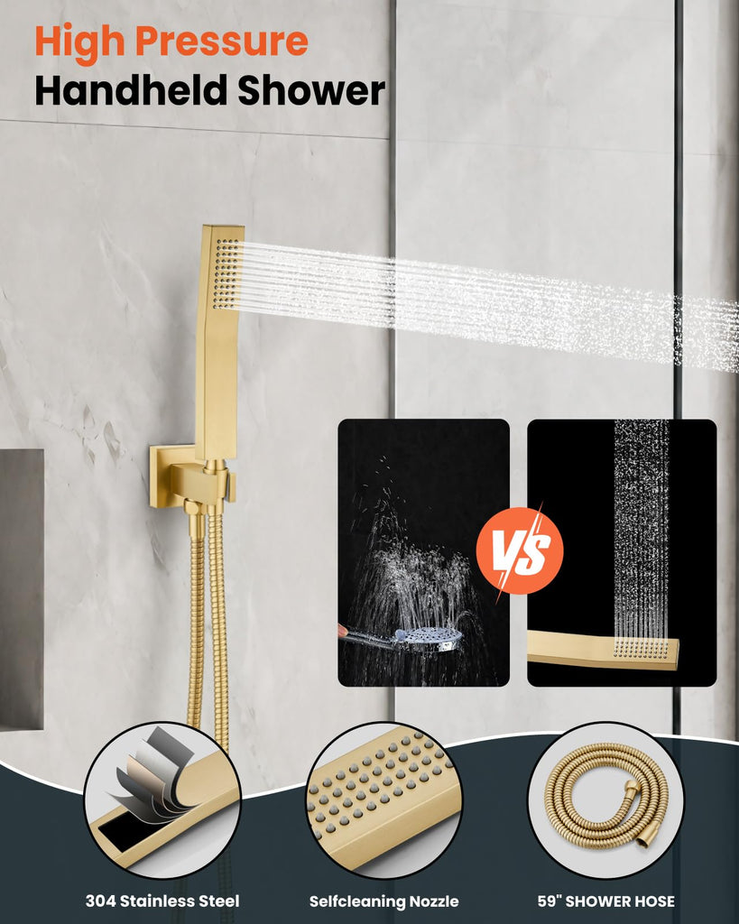 Ceiling Shower System with Handheld Brushed Gold,12 inch Head