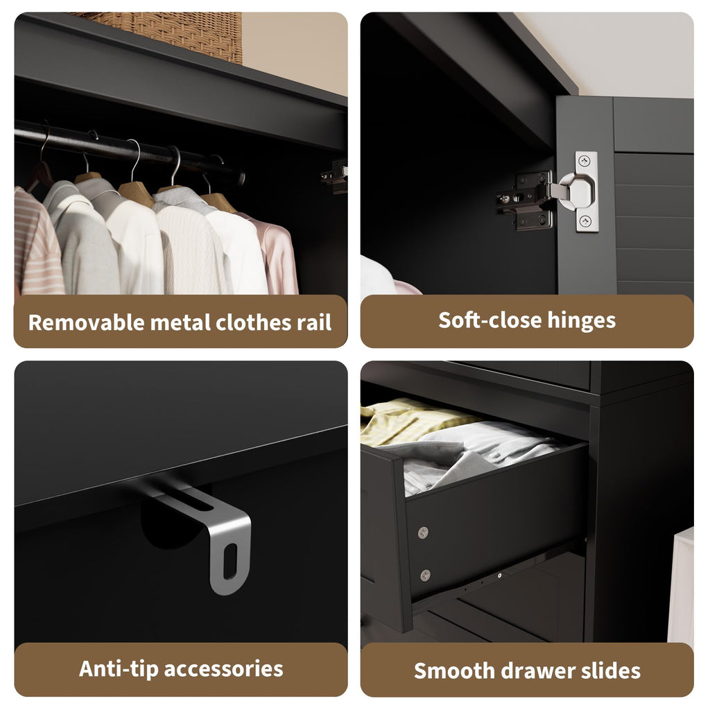 70" Wardrobe Armoire Wooden Closet with 2 Doors and 3 Drawers, Black