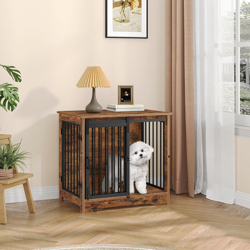 27.2" Dog Crate Furniture with Barn Door, Heavy Duty Dog Kennel Indoor with 2 Doors