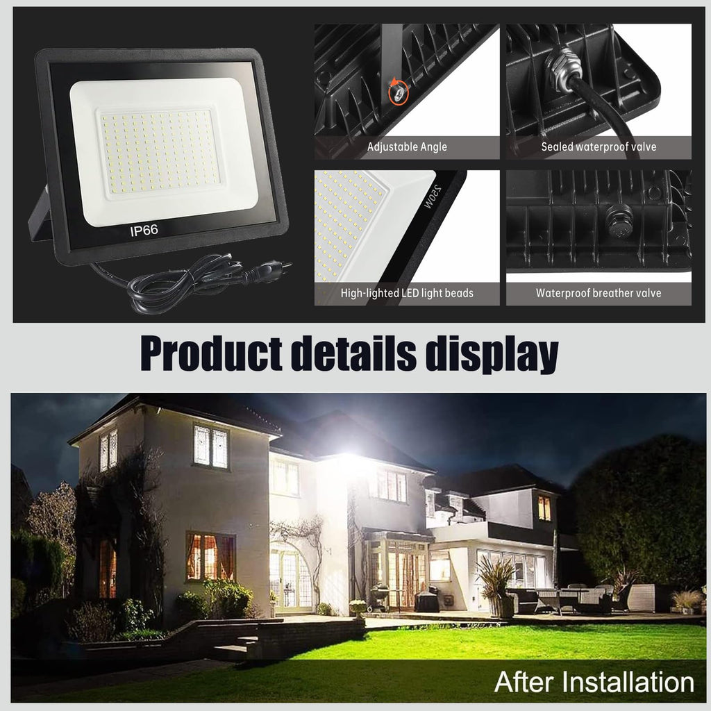 2Pack LED Flood Light Outdoor, 250W LED Work Light 25500lm with 6FT US Plug, IP66 Waterproof Exterior Security