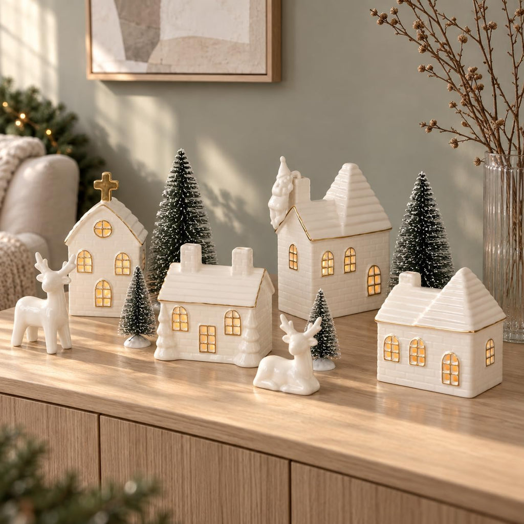 Christmas Village Set, 16-Piece Ceramic Light Up Houses and Pine Trees
