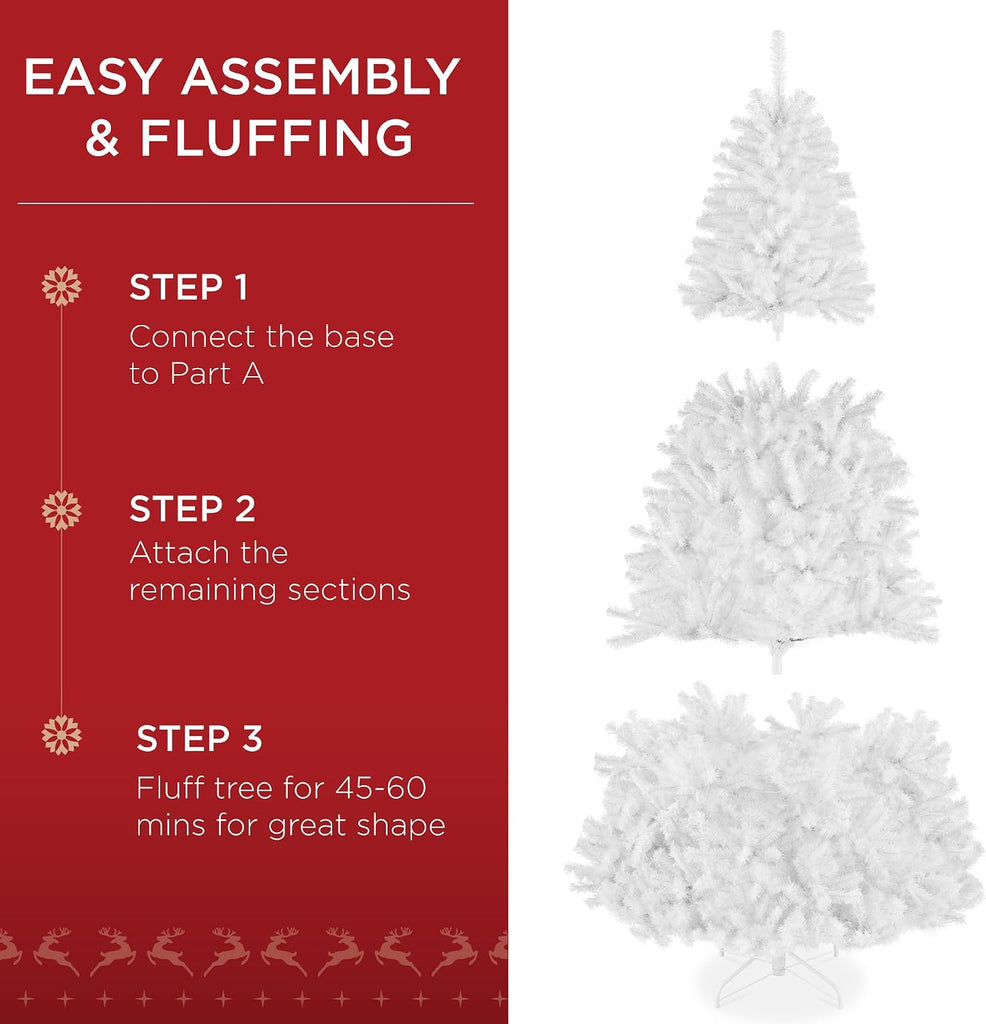 Artificial Christmas Tree, Premium Pre-Lit Realistic Spruce Holiday Décor w/Dense Branches, Metal Base - White
