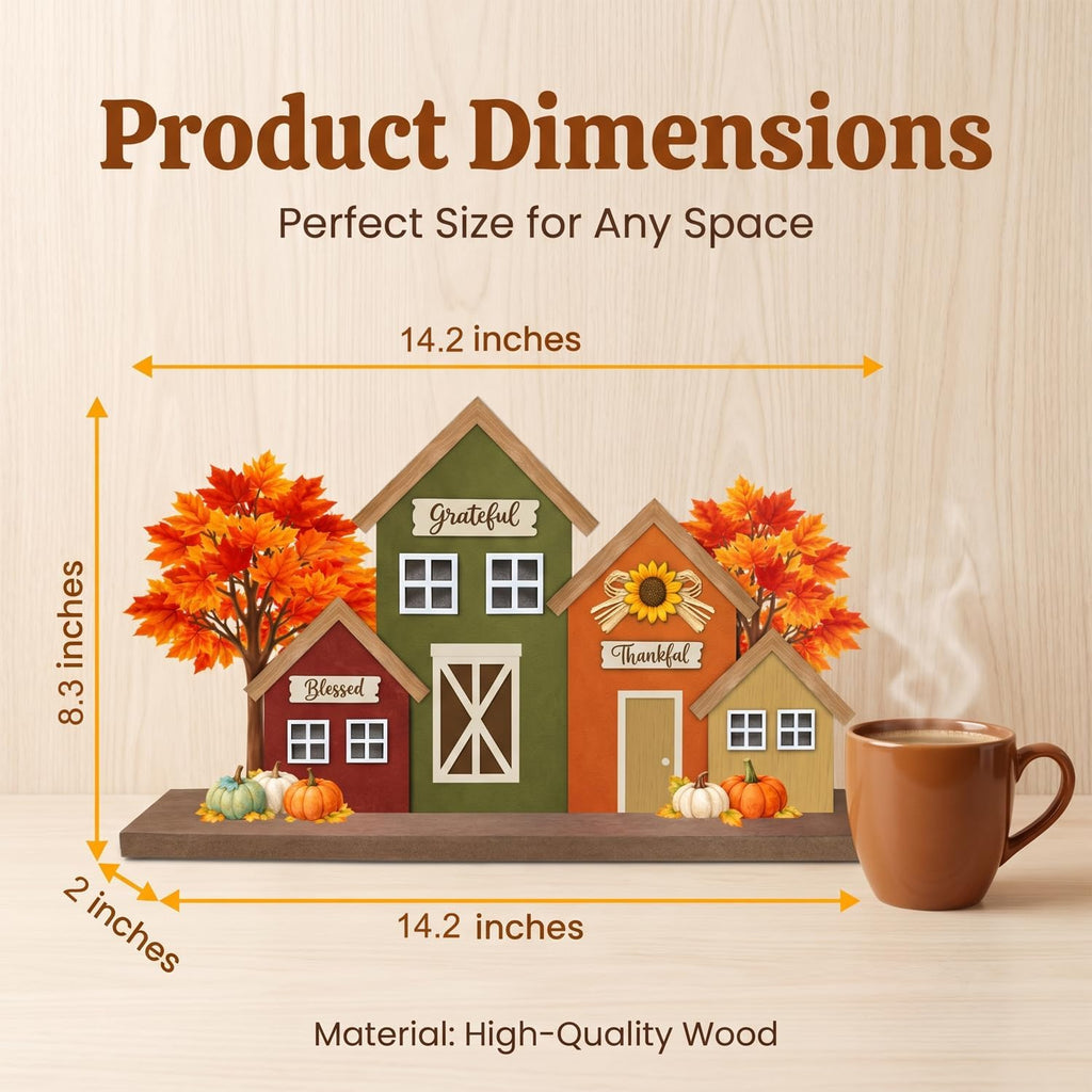 Fall Decor with LED Lights, Blessed Grateful Thankful Wooden Harvest Village Table Sign, Lighted Tabletop Decorations