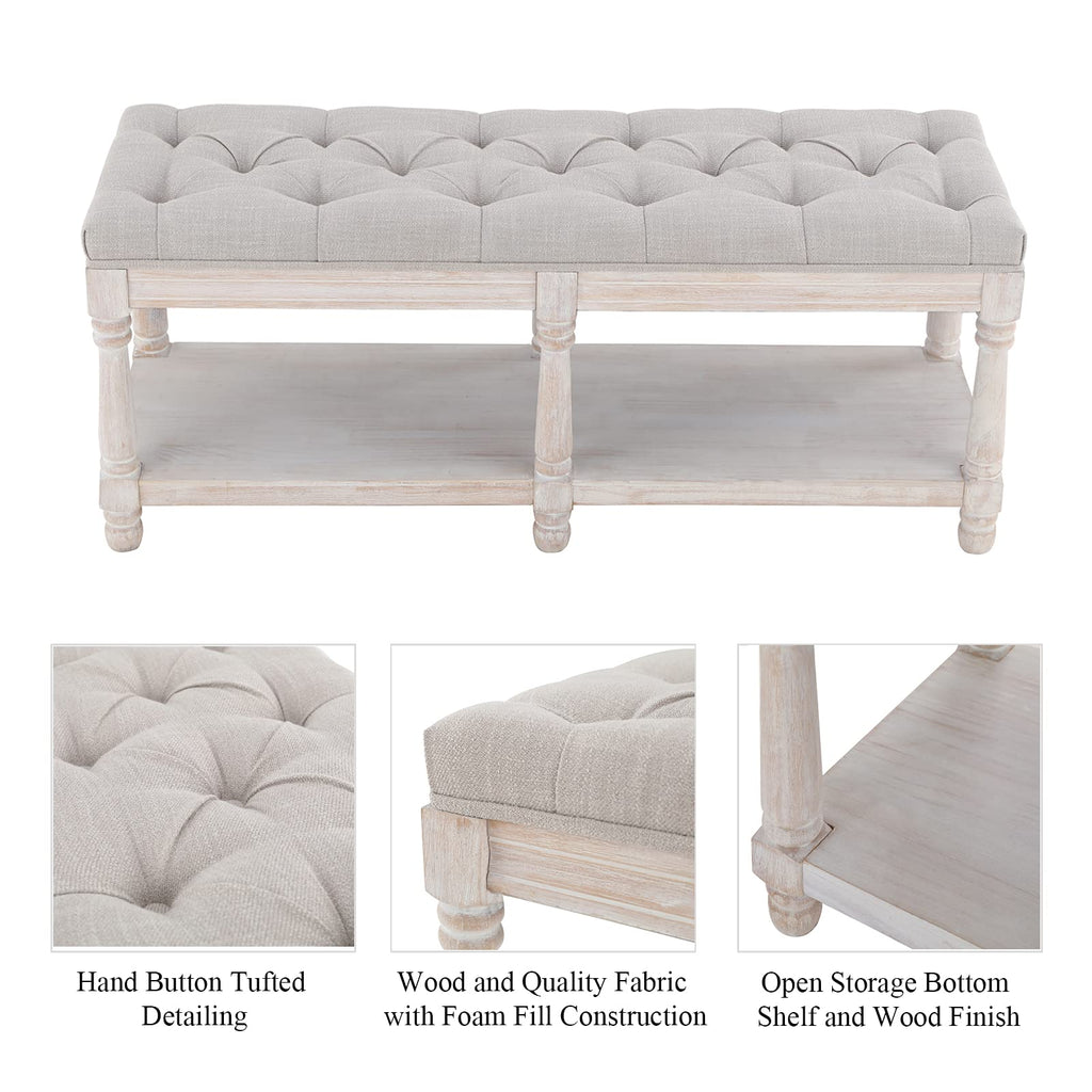 Mid Century Tufted Storage Bench with Shelf, Linen Upholstered Farmhouse Entryway Shoe Bench Ottoman Bed End Stool