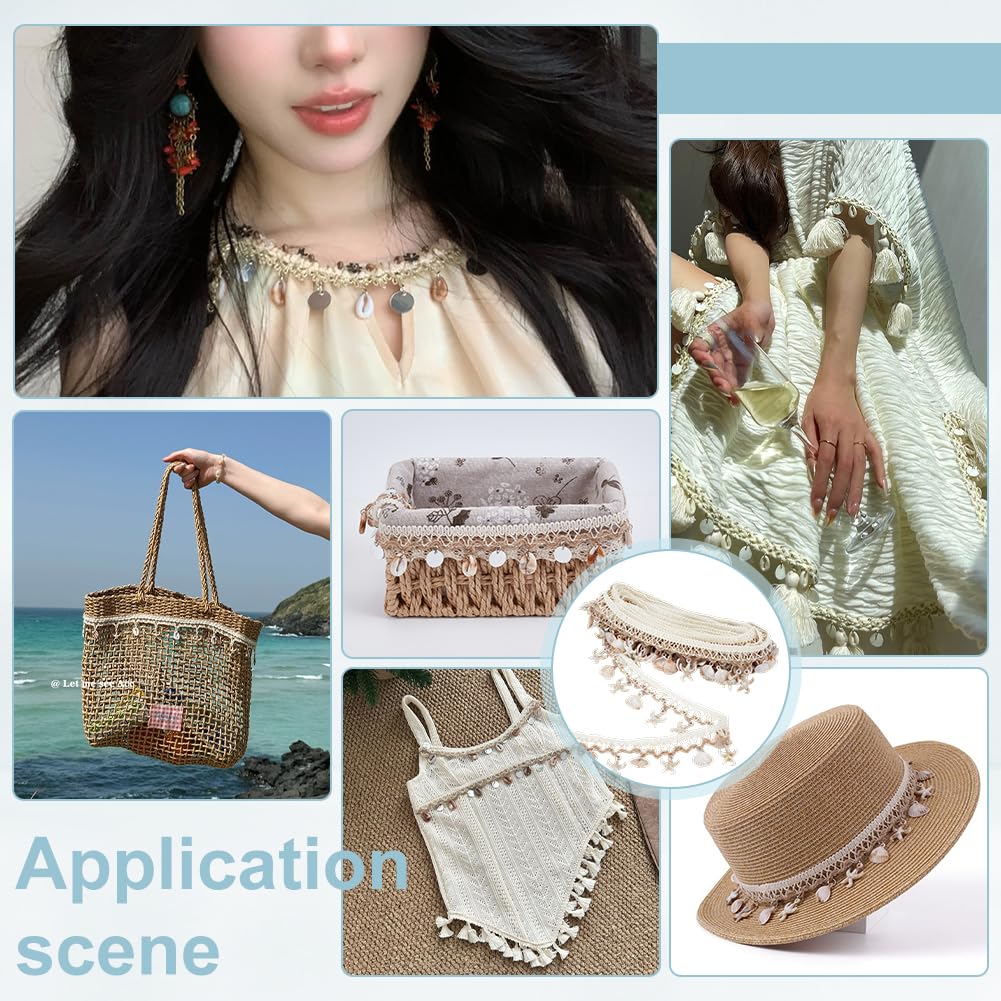 1-1/2 Inch Shell Fringe Trim Starfish & Shell Charms Boho Lace Ribbon Ethnic Style Craft Ribbon Fringes Trim - 5 Yards
