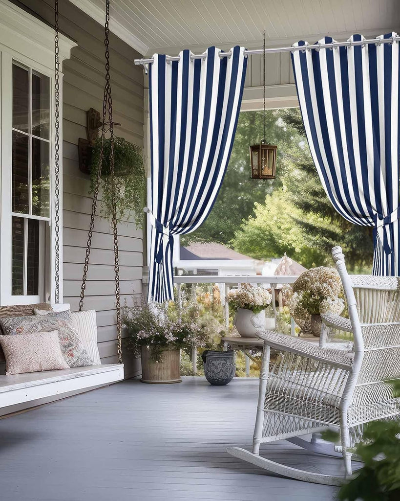Navy Blue Stripe Outdoor Curtain 108 Inches Long Weighted Bottom Privacy,Deck Porch Gazebo Pergola Balcony Drape