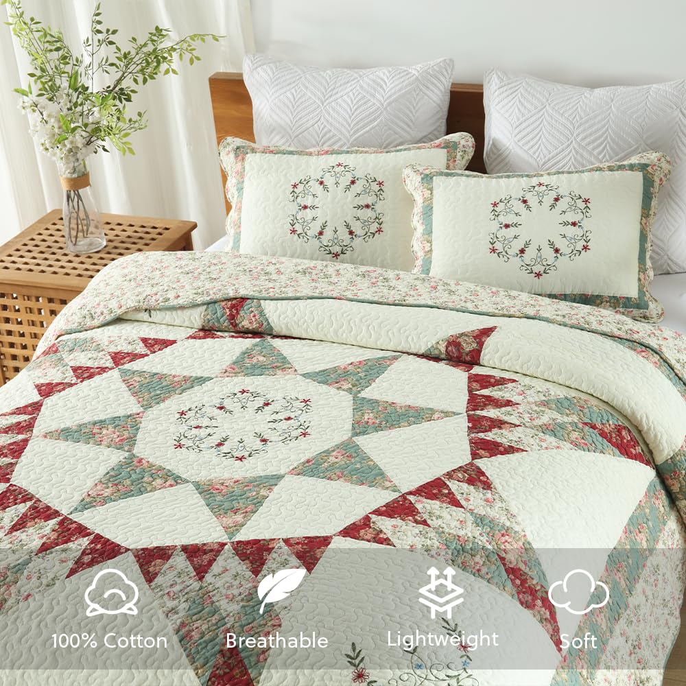 Cotton Bedspread Quilt Bedding Sets, 3 Pieces Reversible Coverlets Comforters Star with Green Floral Real Patchwork