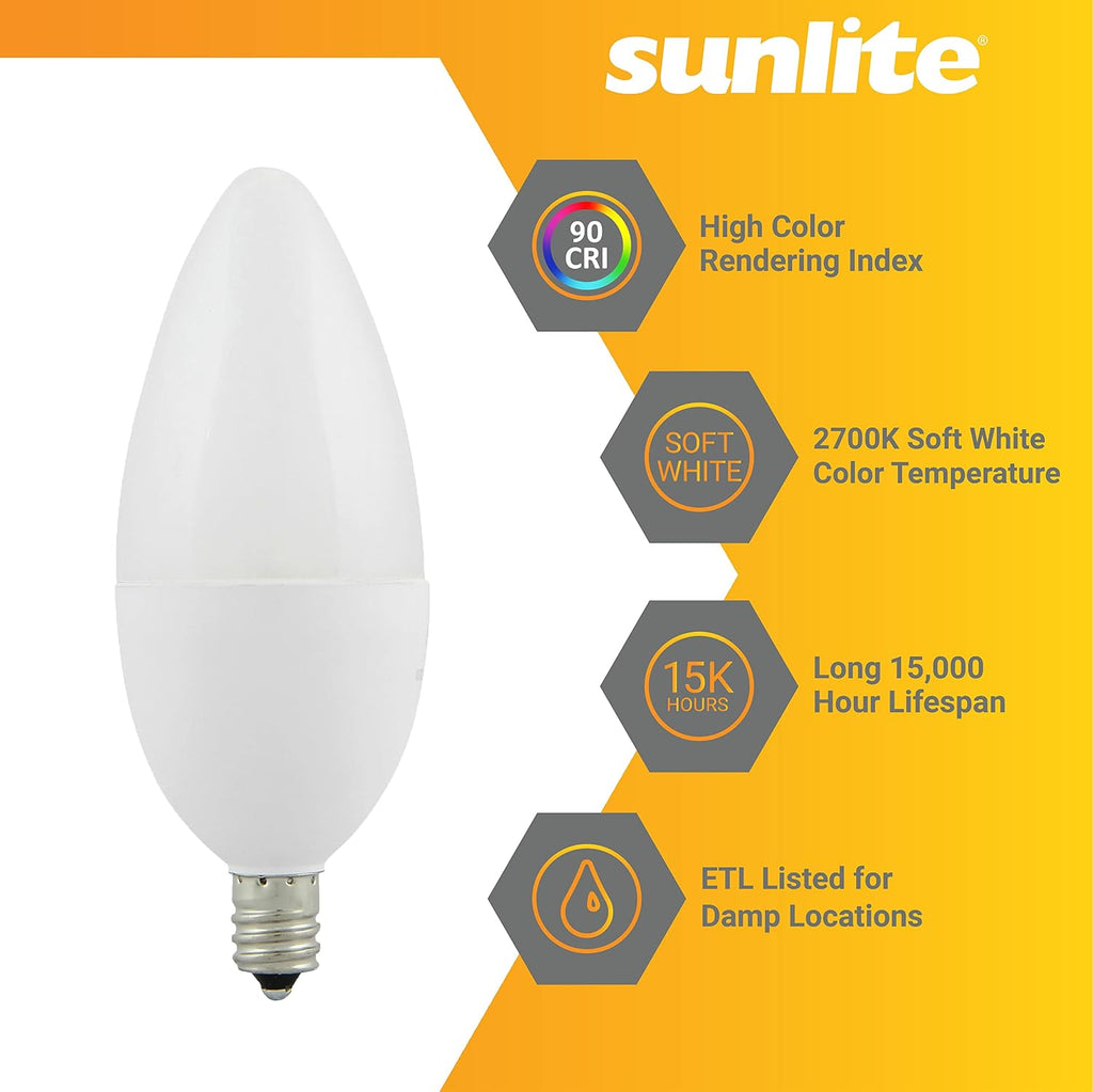 LED B11 Decorative Chandelier Light Bulb, 7 Watts (60W=), 500 Lumens, 120 Volts, Dimmable, E12 Base, 90 CRI, ETL