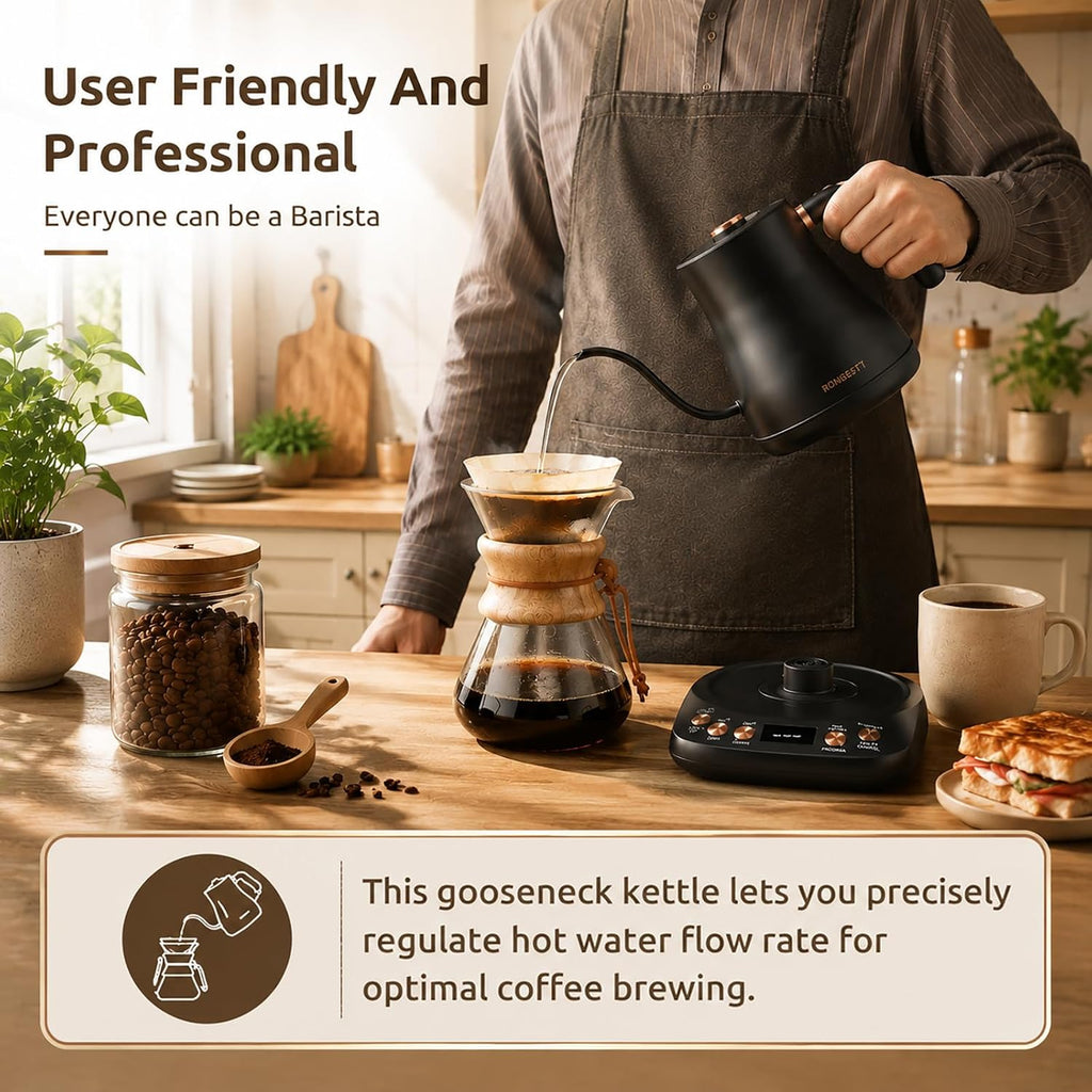 1L Electric Gooseneck Water Kettle with 6 Temperature Control Presets | Stainless Steel Inner & Lid, 2H