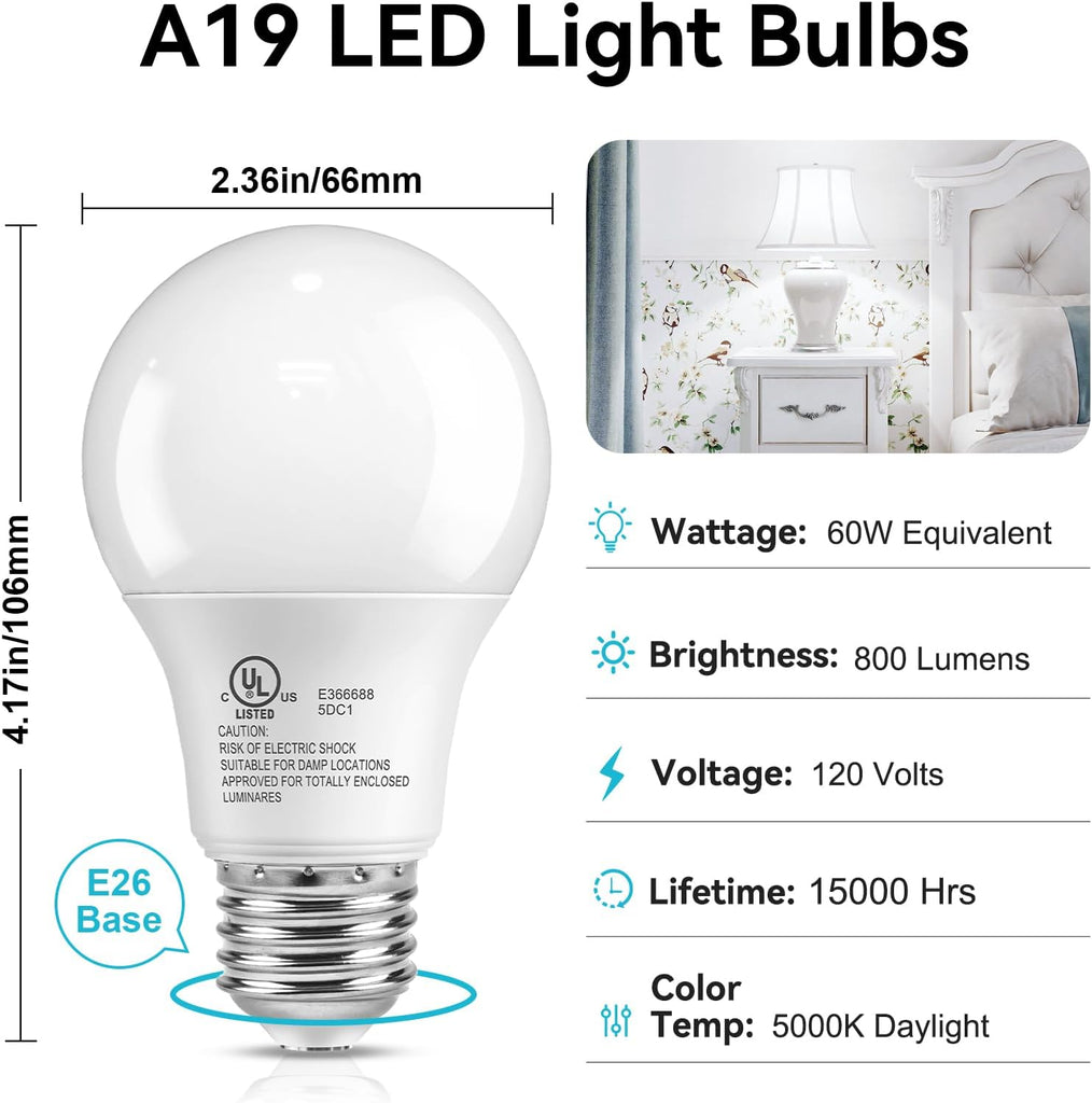 A19 LED Light Bulbs 60 Watt Equivalent, Daylight Bright White 5000K, E26 Medium Base Standard Lightbulbs, Energy